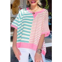 Pink Stripe Contrast Patchwork Oversized T Shirt
