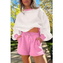 Strawberry Pink Color Block Pullover and Lace-up Elastic Waist Shorts Set