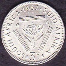 1957 South Africa 3 Pence Silver Coin