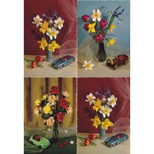 Flowers With Toy Model Classic Cars 4x 1960s German Unique Postcard s