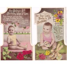 Babys First Birthday 2x Antique Teddy Bear Rabbit Real Photo Shaped Postcard s