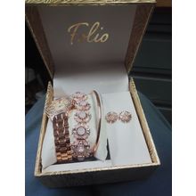 Lady’s FOLIO Rose Gold Analog Watch, Layered Bracelet and Earring Gift Set