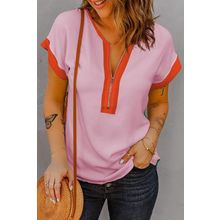 Rose Red Contrast Trim Color Block Front Zipped T Shirt