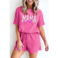 Rose Red Waffle Sequin Floral MAMA Bow Graphic Tee Shorts Set