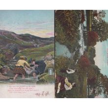The Young Angler Child Fishing + Scottish Catching Fish Net 2 Antique Postcard