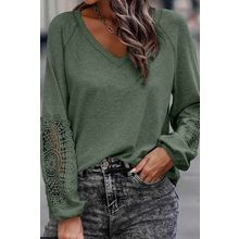 Green Crochet Lace Patch Raglan Sleeve Top