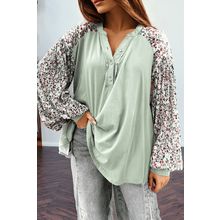 Meadow Mist Green Contrast Printed Bubble Sleeve Henley Loose Top with Slits