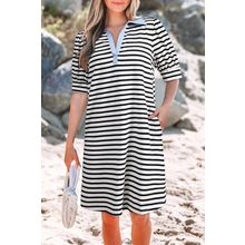 Black Stripe Contrast V Neck Collared Puff Sleeve T Shirt Mini Dress with Pocket