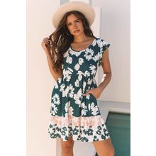 Green Floral Print Ruffle Sleeve Empire Waist Mini Dress