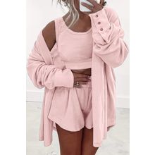 Light Pink 3 Pcs Crop Tank Top Shorts with Cardigan Lounge Set
