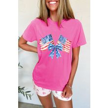 Sachet Pink Dual American Flag Bow Printed Casual T Shirt