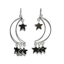 Sterling Silver Open Crescent With Dangle Stars Earrings