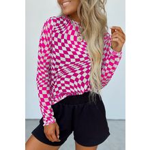 Rose Checkered Pattern Mesh Mock Neck Long Sleeve Top