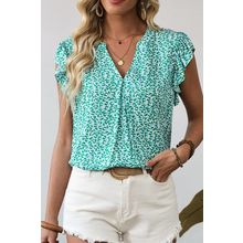 Green Notched V Neck Leopard Ruffle Short Sleeve Blouse