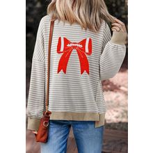 Brown Stripe Chenille Bow Patched Drop Shoulder Long Sleeve Top