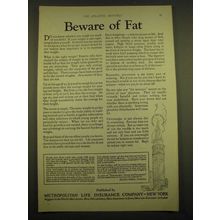 1924 Metropolitan Life Insurance Ad - Beware of fat