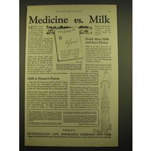 1924 Metropolitan Life Insurance Ad - Medicine vs. Milk