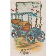 Car Covered In Blue Flower Flowers Mobile Old Greetings Happy Birthday Postcard