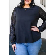 Black Sequin Contrast Long Sleeve Plus Size Top