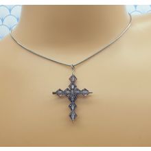 Vintage 925 Sterling Silver and Purple Crystal Glass Bead Cross Pendant Necklace