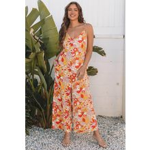 Orange Floral V Neck Wide Leg Sleeveless Jumpsuit