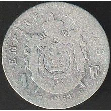 1868 BB France 1 Franc Silver Coin