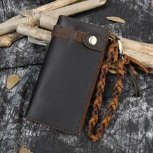 Retro Crazy Horse Leather Long Wallet Men's Buckle Leather Woven Belt Men's