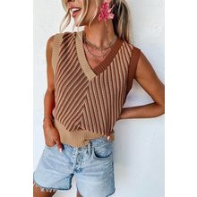 Light French Beige Contrast Chevron Knit V Neck Sweater Vest