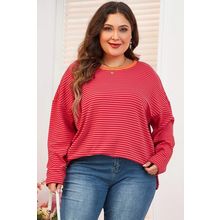 Orange Stripe Plus Size Drop Shoulder Long Sleeve Buttoned Decor Top