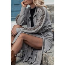 Medium Grey Aztec Accent Side Slit Open Front Long Cardigan