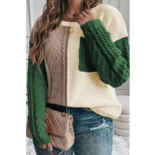 Mist Green Plus Size Cable Knit Color Block Drop Shoulder Sweater