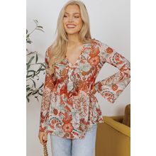 Orange Floral Print Deep V Neck Knot Bell Sleeve Blouse