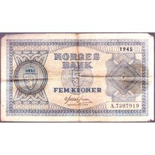 1945 Norway Banknote 5 Kroner