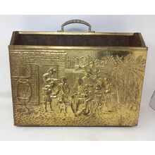 Vintage Brass & Wood Embossed Duel Magazine Newspaper Rack Holder Tavern Scene