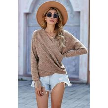 Khaki Deep V-neck Long Sleeve Knit Sweater