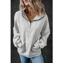 Light Grey Zip-up Stand Neck Kangaroo Pocket Sweatshirt