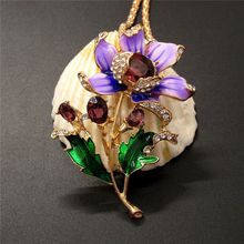 Pretty Purple Crystal Enamel Flower Plant Sweater Fashion Women Chain Necklace