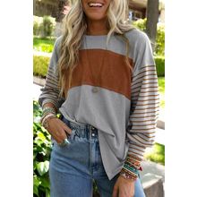 Gray Colorblock Striped Bishop Sleeve Top