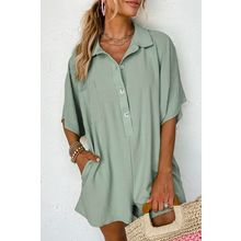 Spinach Green Half Button Collared Loose Romper