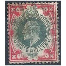 1902 - SG257 1/- Dull Green & Carmine Good Used .