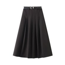 Mid-length high-waisted skirt women for casual pleated skirt with belt