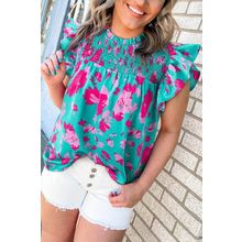 Green Floral Ruffled Flutter Sleeve Ruched Blouse