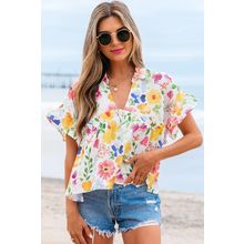 Yellow Floral Boxy Fit Ruffled Short Sleeve V Neck Blouse