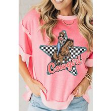 Peach Blossom Cowgirl Checkered Star Shape Print Exposed Seam T Shirt
