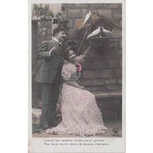 Lovers At Birds House Nest Secret Spy Code Glamour Lady Old Romantic Postcard