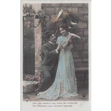 Man & Glamour Lady Caressing Bird at House Nest Romance Secret Code Old Postcard