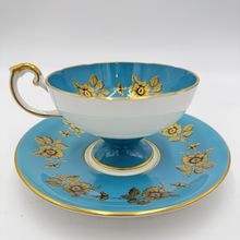 Vintage Aynsley Turquoise Gold Floral Tea Cup & Saucer #9582 Bone China England