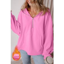 Bonbon Fleece Lined Half Zipper Kangaroo Pockets Loose Hoodie