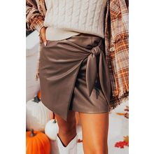 Coffee Bowknot Faux Leather Mini Skirt