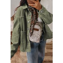 Smoke Green Patched Pocket Collared Button Front Boyfriend Denim Jacket